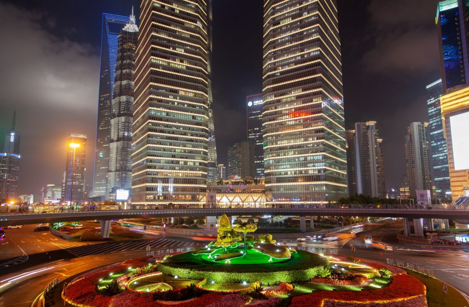 Shanghai buildings of Pudong at Lujiazui bridge