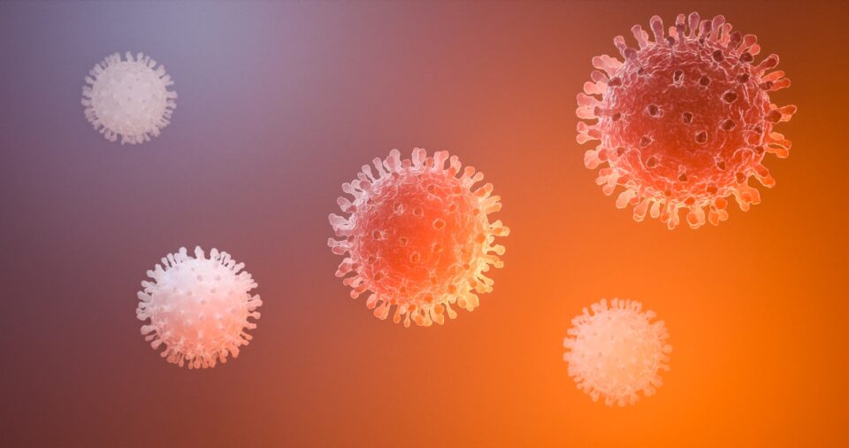 Image of Flu COVID-19 virus cell under the microscope on the blood.Coronavirus Covid-19 outbreak