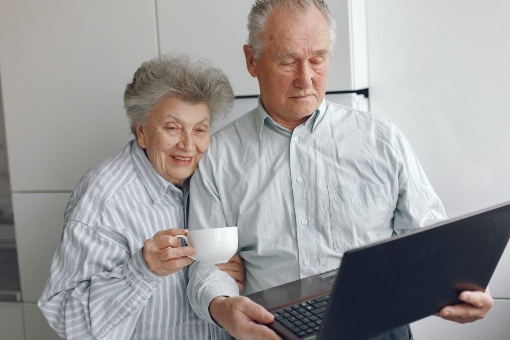 Elegant old couple at home using a laptop