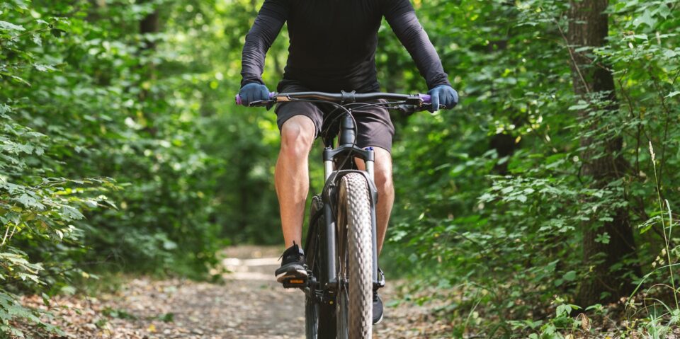 Male cyclist riding sport bike among trees
