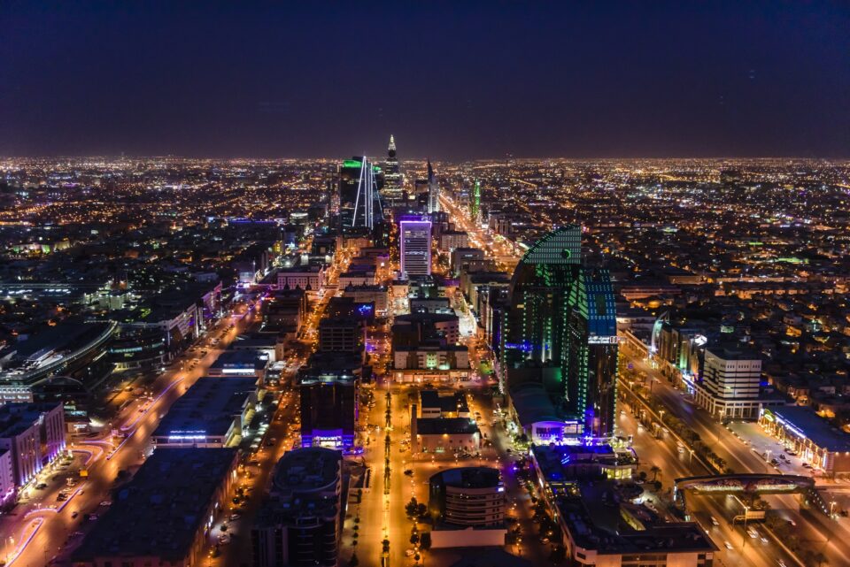 Streets in illuminated cityscape, Riyadh, Saudi Arabia