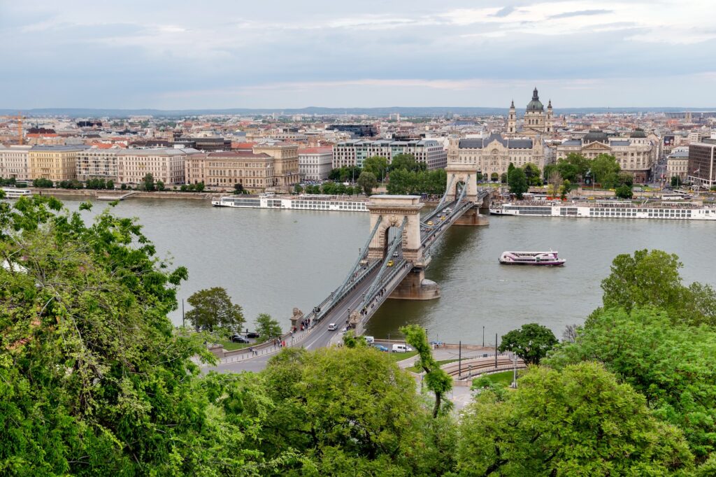 Panoramic view of Budapest and Danube river, Hungary. Tourism in Europe, travel concept.