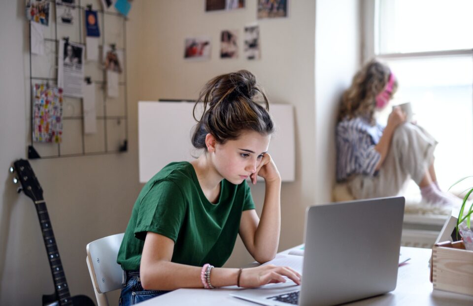Teenager schoolgirl learning online indoors at home, coronavirus concept.