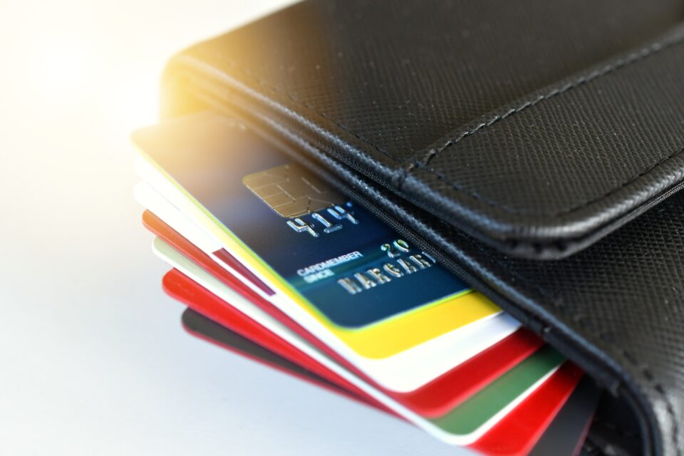 Credit card - stack of credit cards in wallet shopping, spending, purchasing, credit rating score