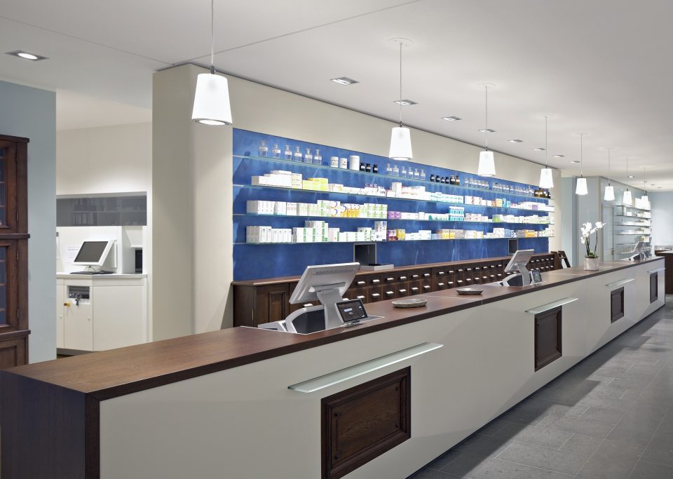 Interior of empty modern pharmacy