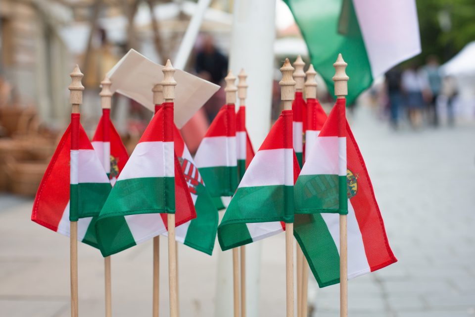 Flags of Hungary are sold on the street as a souvenir. Many flags of Hungary