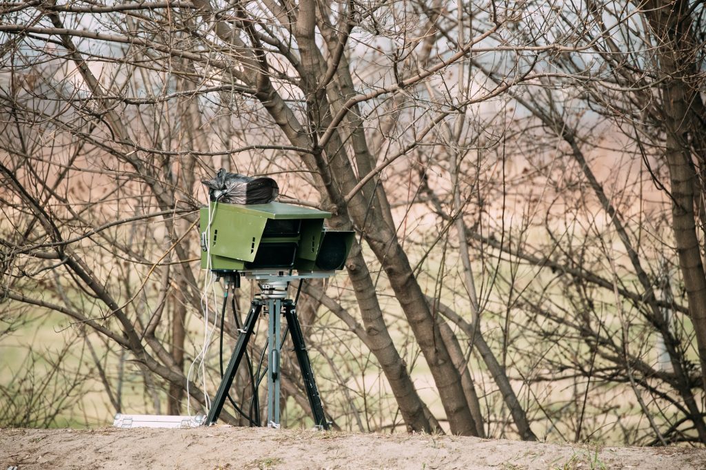 Mobile Road Police Radar On Tripod For Traffic Speed Control. Control Speed Limit. Speed Camera On