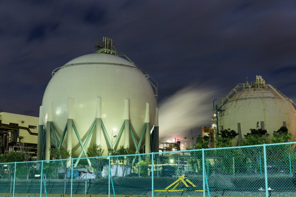 Natural Gas storage tanks at night