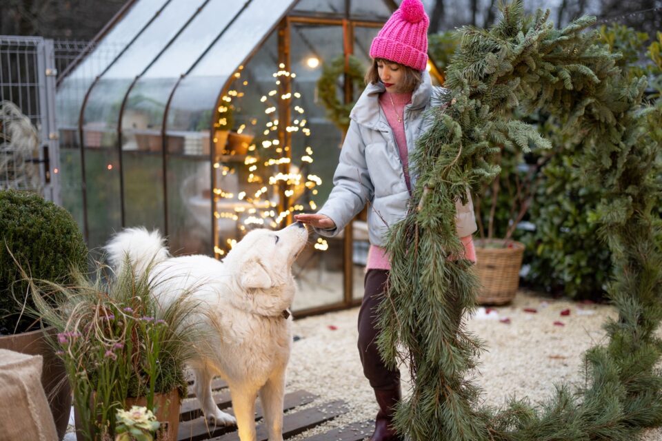 Woman with a dog at beautifuly decorated backyard for a winter holidays